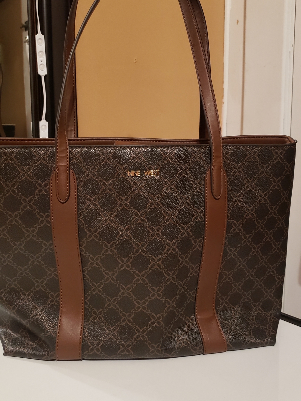 Nine West Brown- Paulson Tote Monogrammed Tote with Tan Straps NWOT